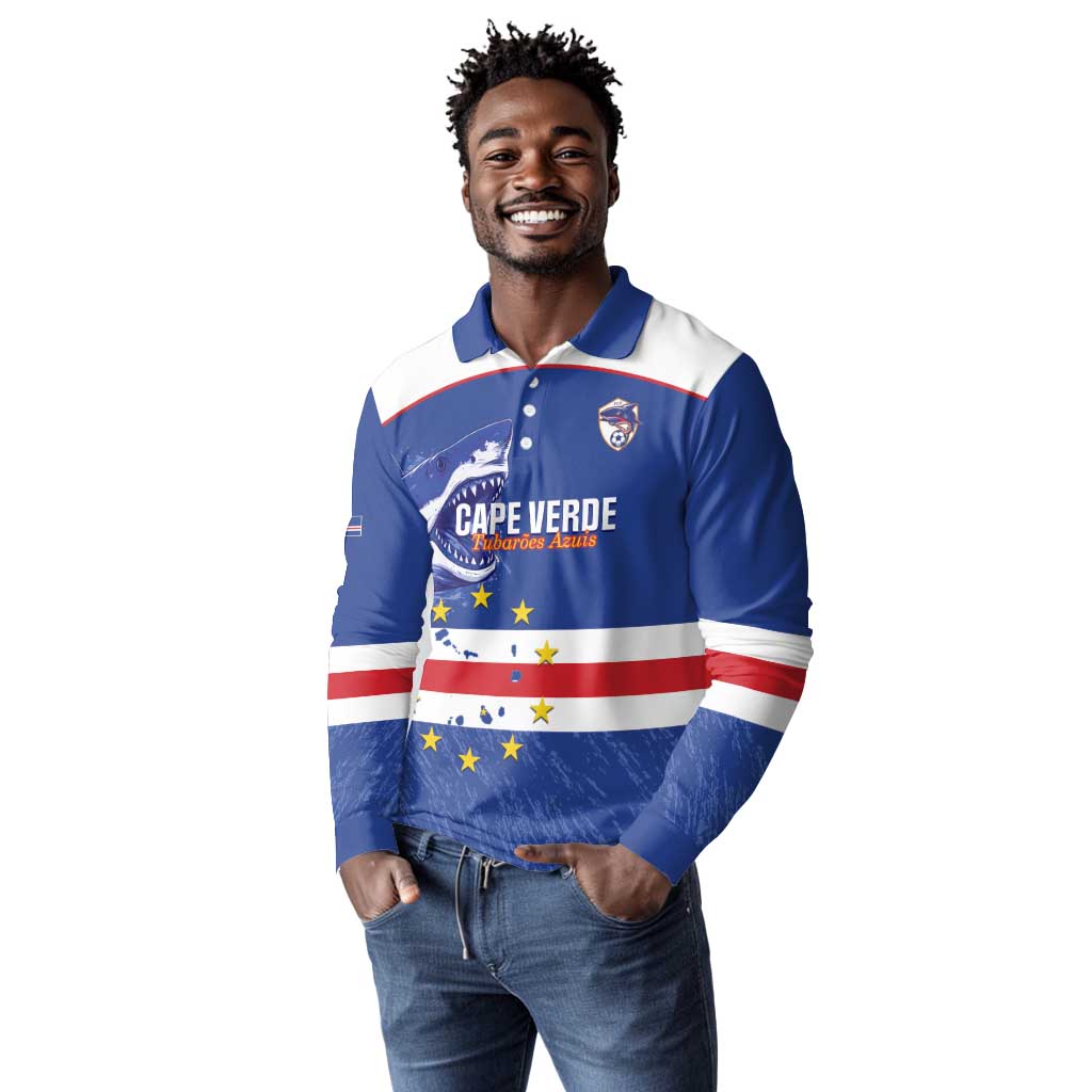 Cape Verde Football Custom Long Sleeve Polo Shirt Come On Tubaroes Azuis Shark - African Pride