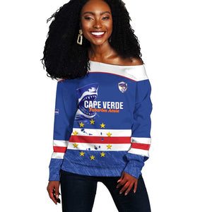 Cape Verde Football Custom Off Shoulder Sweater Come On Tubaroes Azuis Shark - African Pride