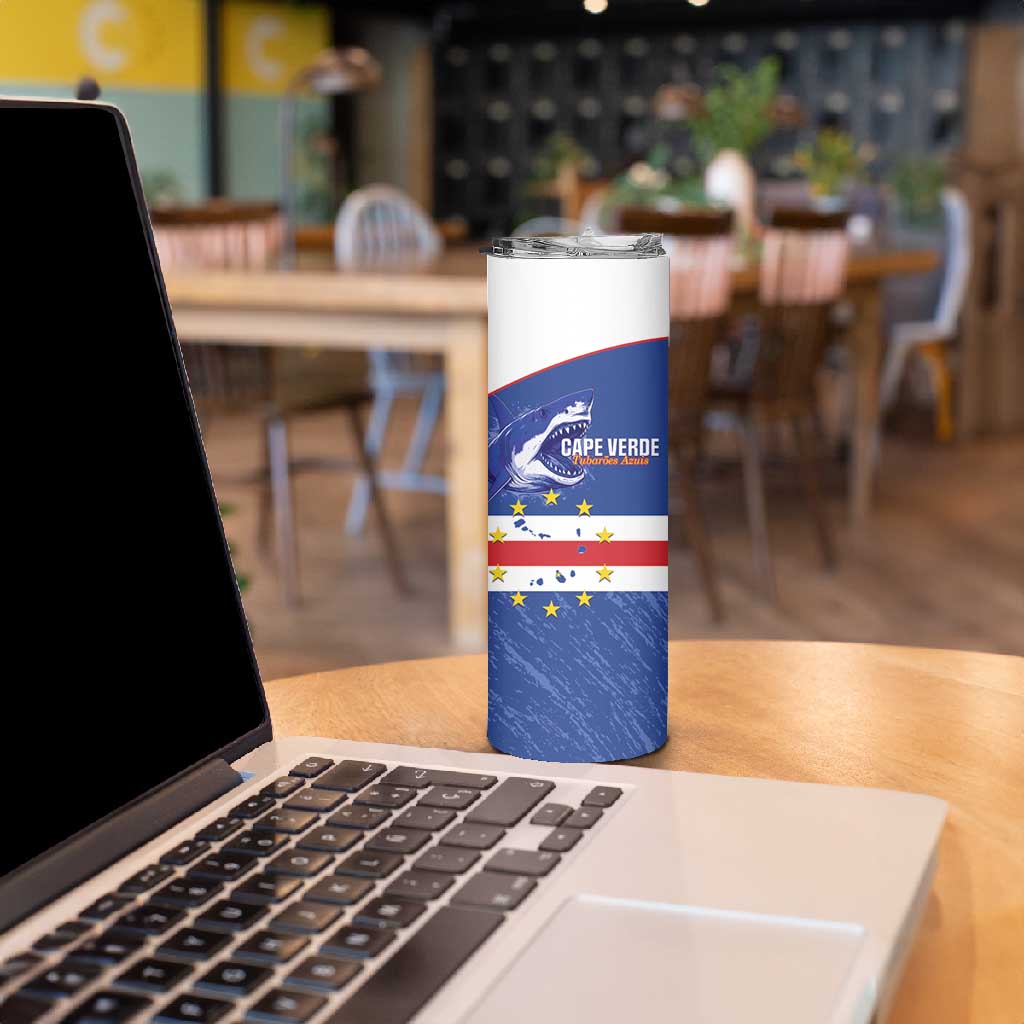 Cape Verde Football Custom Skinny Tumbler Come On Tubaroes Azuis Shark - African Pride