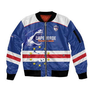 Cape Verde Football Custom Sleeve Zip Bomber Jacket Come On Tubaroes Azuis Shark - African Pride