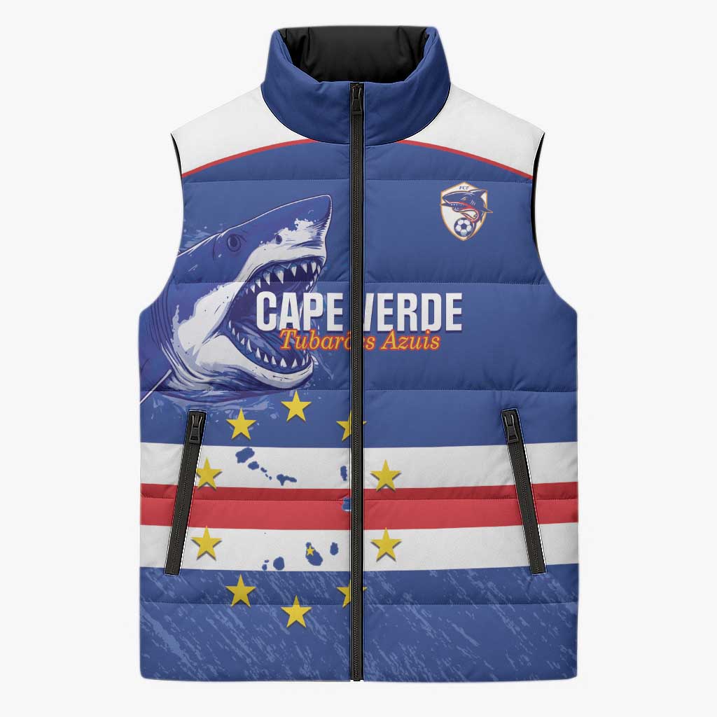 Cape Verde Football Custom Sleeveless Puffer Jacket Come On Tubaroes Azuis Shark