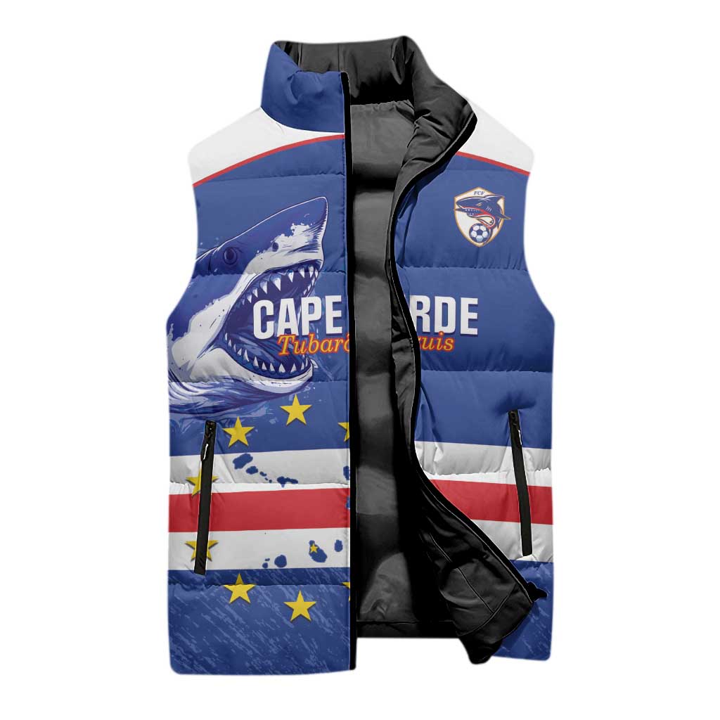 Cape Verde Football Custom Sleeveless Puffer Jacket Come On Tubaroes Azuis Shark