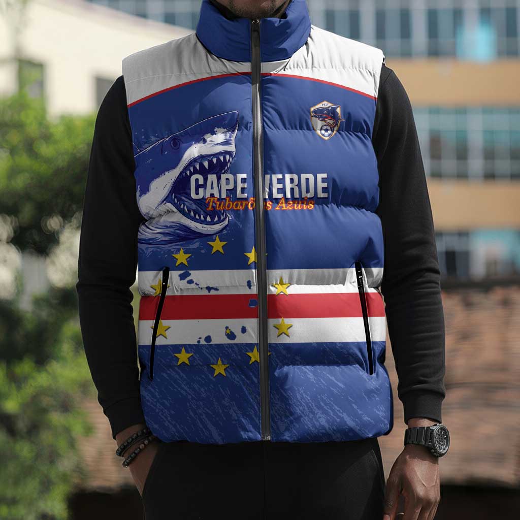Cape Verde Football Custom Sleeveless Puffer Jacket Come On Tubaroes Azuis Shark