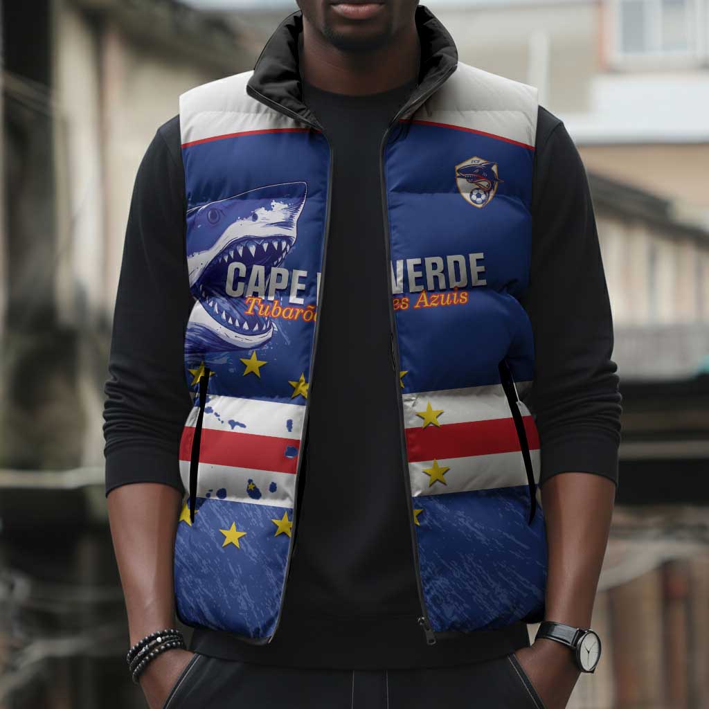 Cape Verde Football Custom Sleeveless Puffer Jacket Come On Tubaroes Azuis Shark