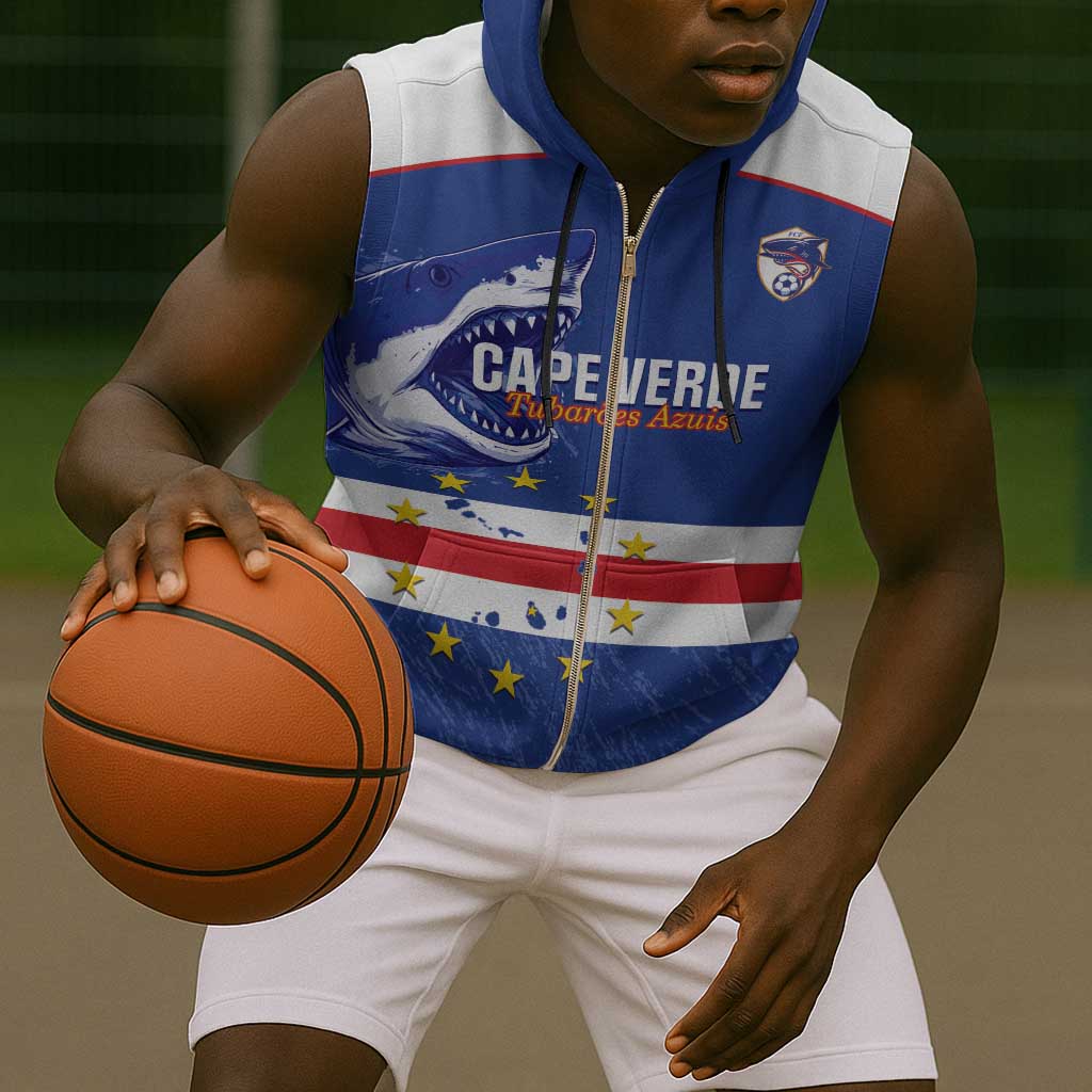 Cape Verde Football Custom Sleeveless Zip Hoodie Come On Tubaroes Azuis Shark - African Pride
