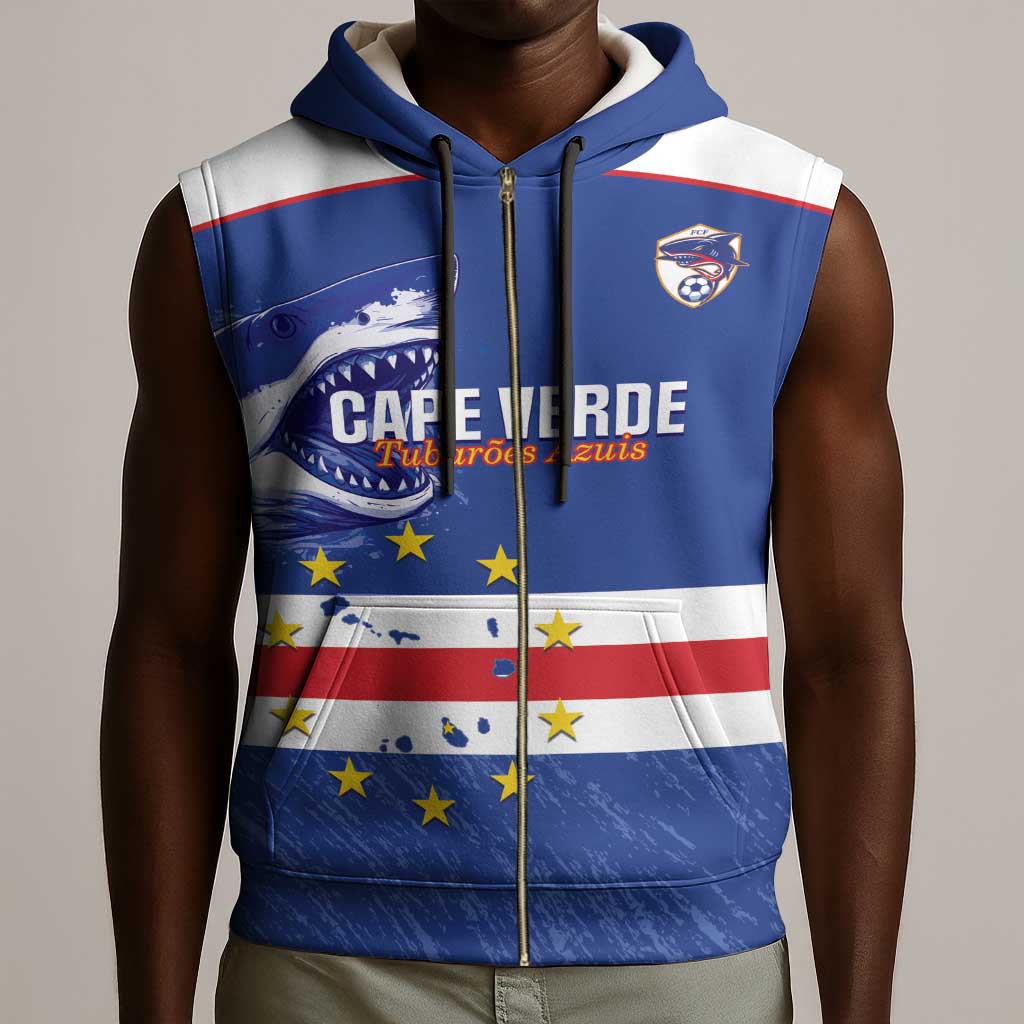 Cape Verde Football Custom Sleeveless Zip Hoodie Come On Tubaroes Azuis Shark - African Pride