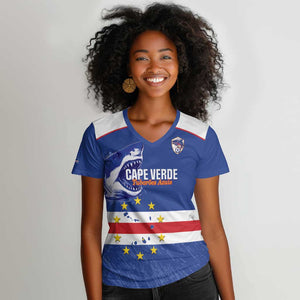 Cape Verde Football Custom Women V-Neck T-Shirt Come On Tubaroes Azuis Shark - African Pride