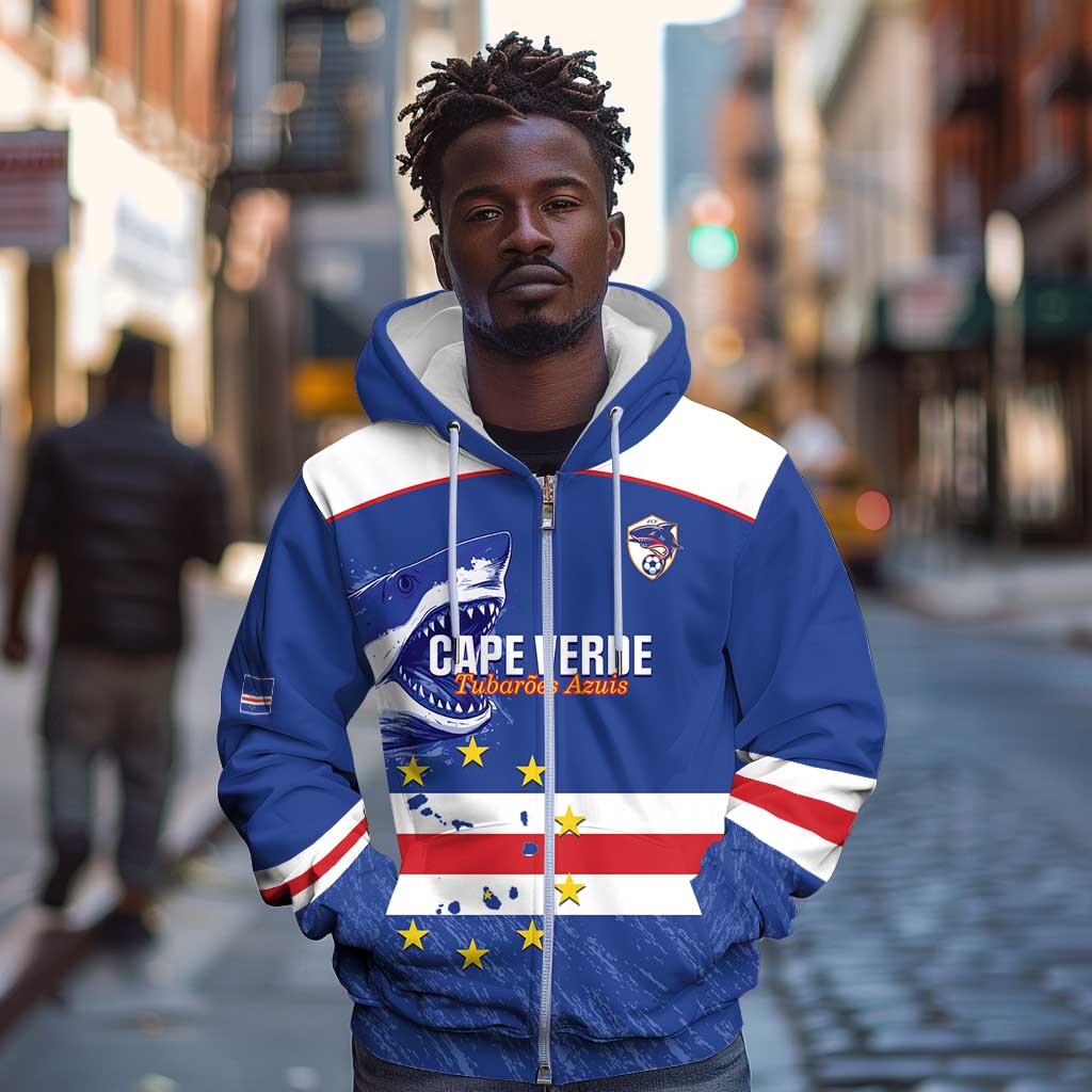 Cape Verde Football Custom Zip Hoodie Come On Tubaroes Azuis Shark - African Pride