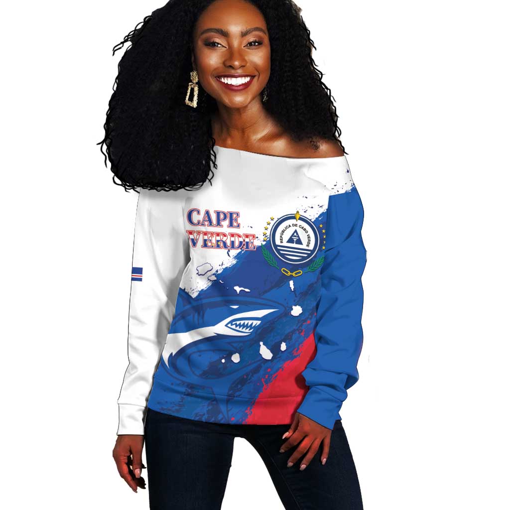 Cape Verde Football Custom Off Shoulder Sweater Tubaroes Azuis Glory World Cup - African Pride