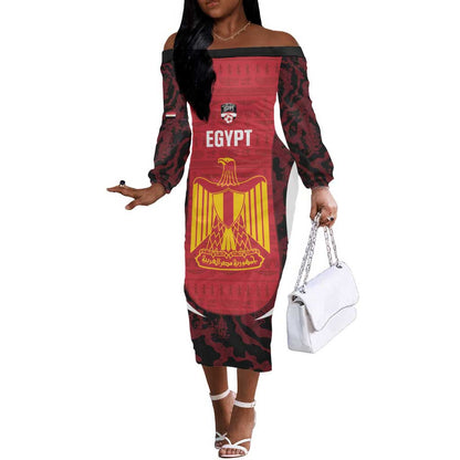 Custom Egypt Football Off The Shoulder Long Sleeve Dress 2026 Go Pharaohs Ancient Egyptian Pattern - African Pride
