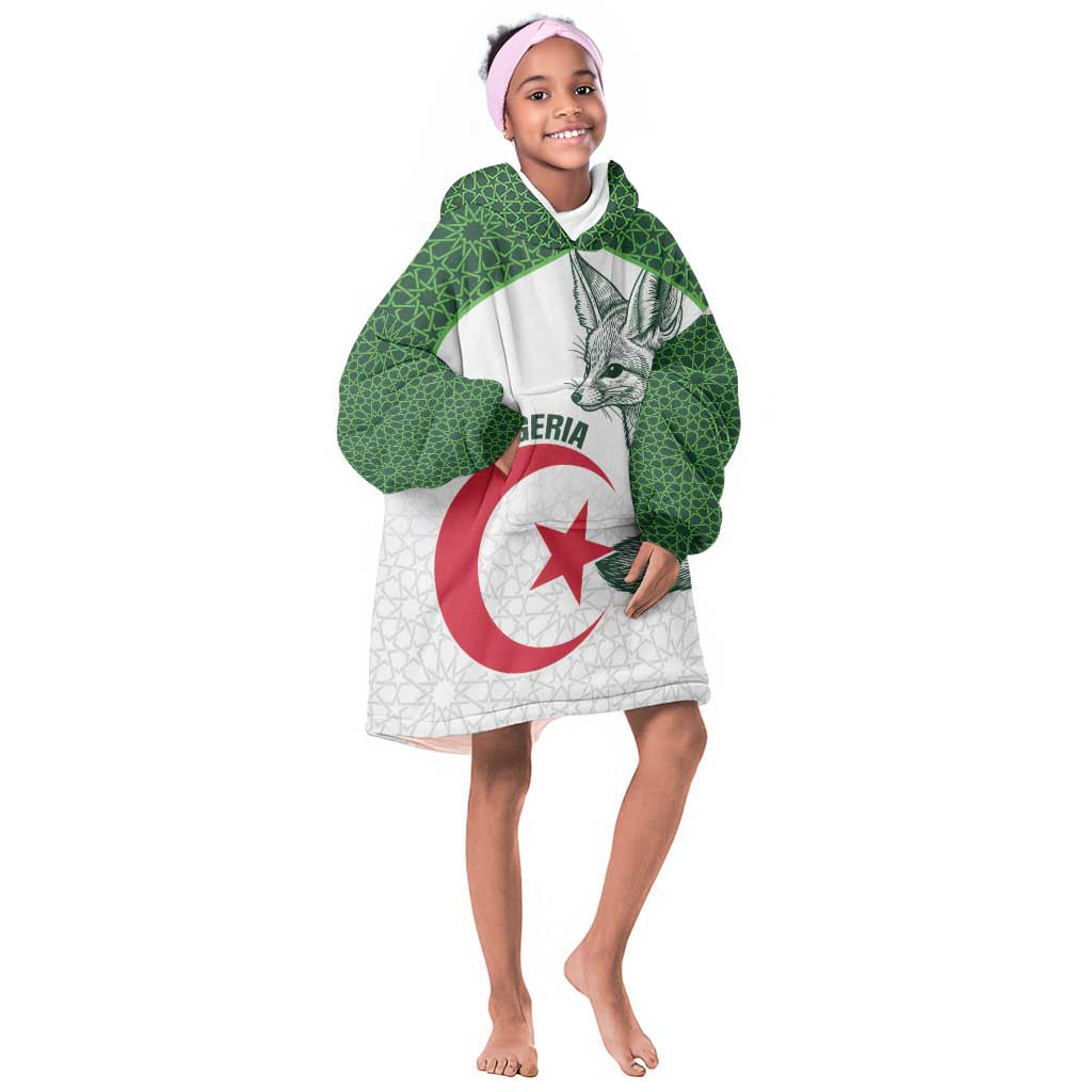 Custom Algeria Football Kid Wearable Blanket Hoodie 2026 Go Greens Fennec With Islamic Pattern - African Pride