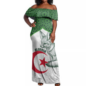 Custom Algeria Football Off Shoulder Maxi Dress 2026 Go Greens Fennec With Islamic Pattern - African Pride