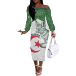 Custom Algeria Football Off The Shoulder Long Sleeve Dress 2026 Go Greens Fennec With Islamic Pattern - African Pride