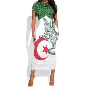 Custom Algeria Football Short Sleeve Bodycon Dress 2026 Go Greens Fennec With Islamic Pattern - African Pride