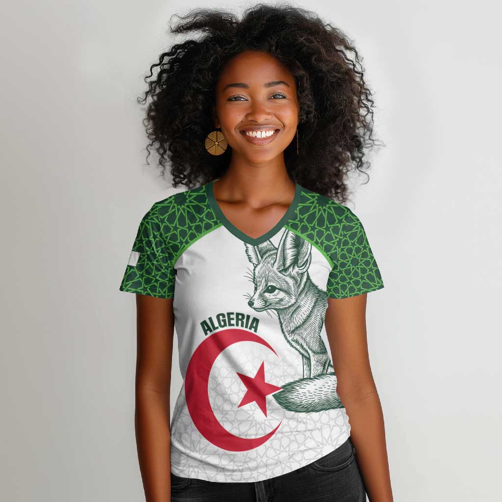 Custom Algeria Football Women V-Neck T-Shirt 2026 Go Greens Fennec With Islamic Pattern LT14