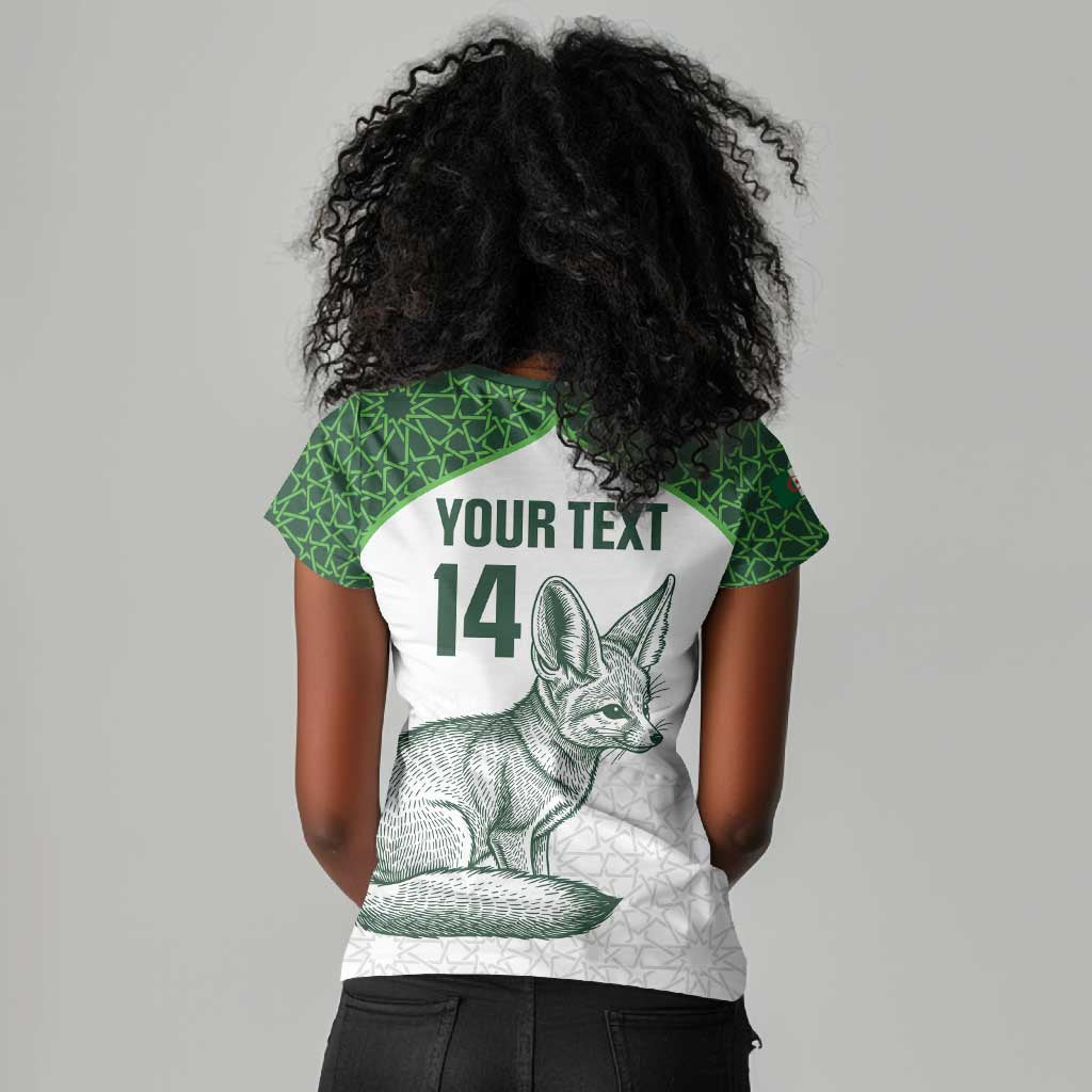 Custom Algeria Football Women V-Neck T-Shirt 2026 Go Greens Fennec With Islamic Pattern LT14