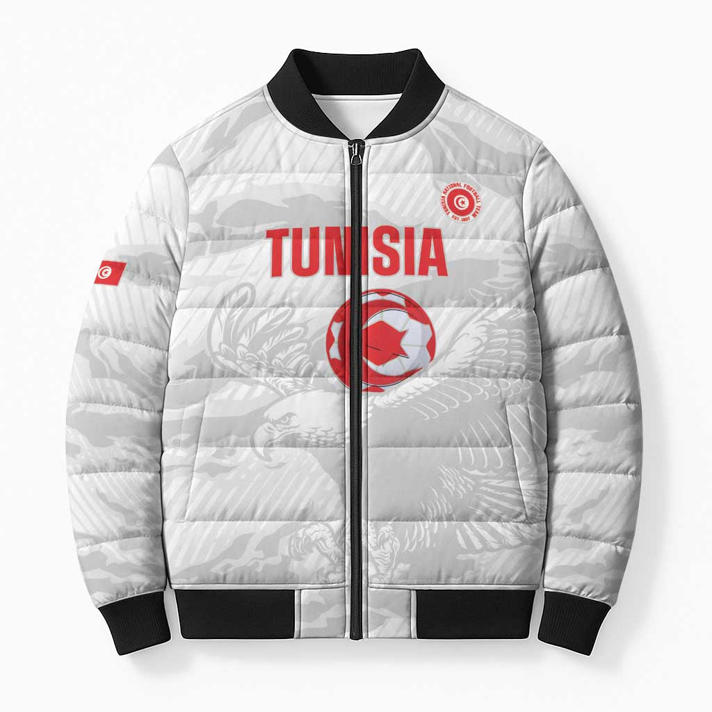 Custom Tunisia Football Bomber Puffer Jacket 2026 Eagles of Carthage White Grunge - African Pride