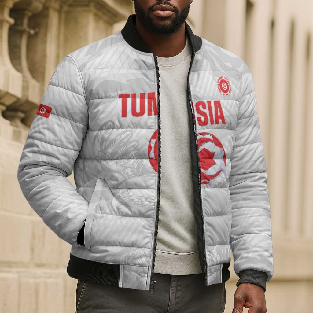 Custom Tunisia Football Bomber Puffer Jacket 2026 Eagles of Carthage White Grunge - African Pride