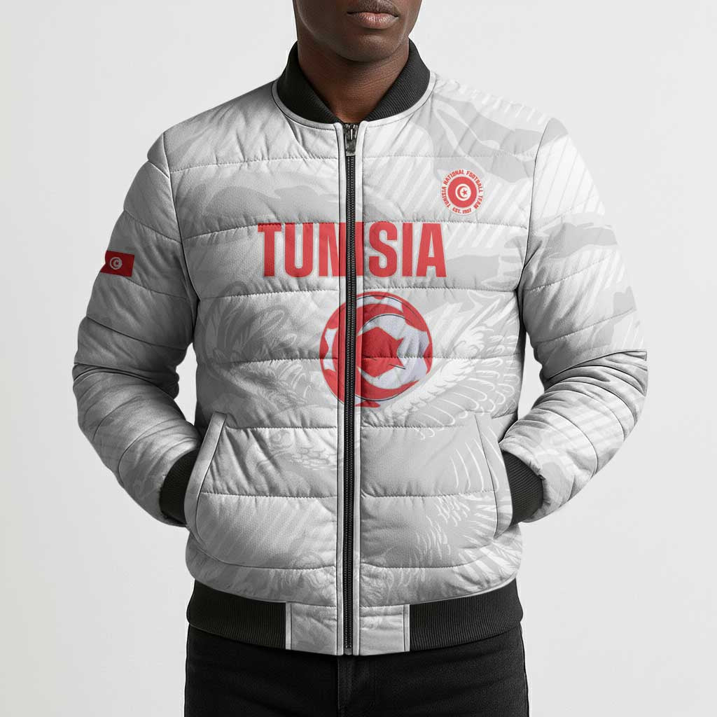 Custom Tunisia Football Bomber Puffer Jacket 2026 Eagles of Carthage White Grunge - African Pride