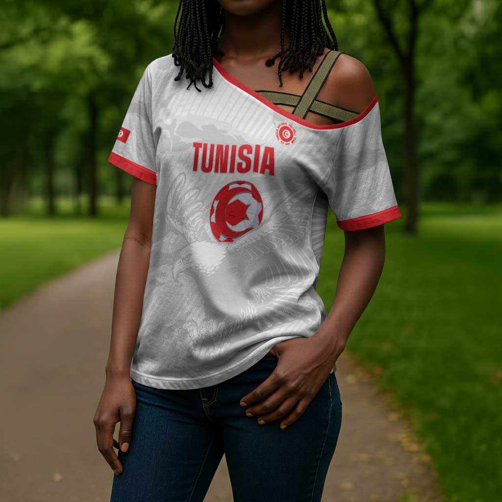 Custom Tunisia Football Cross Shoulder Shirt 2026 Eagles of Carthage White Grunge - African Pride