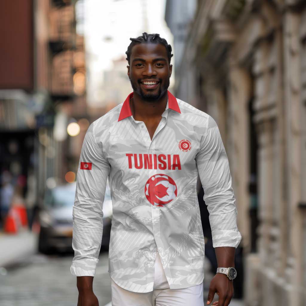Custom Tunisia Football Long Sleeve Button Shirt 2026 Eagles of Carthage White Grunge - African Pride