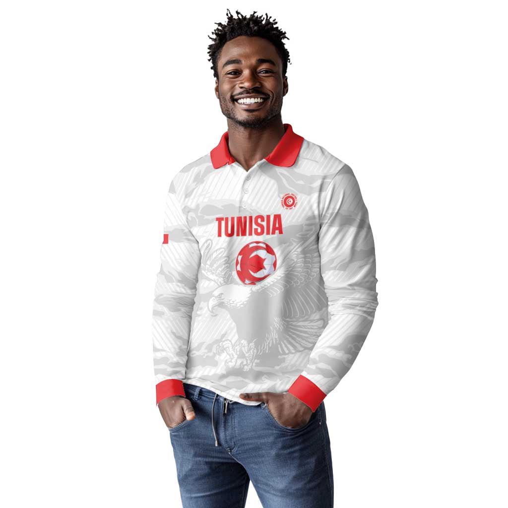 Custom Tunisia Football Long Sleeve Polo Shirt 2026 Eagles of Carthage White Grunge - African Pride