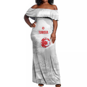 Custom Tunisia Football Off Shoulder Maxi Dress 2026 Eagles of Carthage White Grunge - African Pride