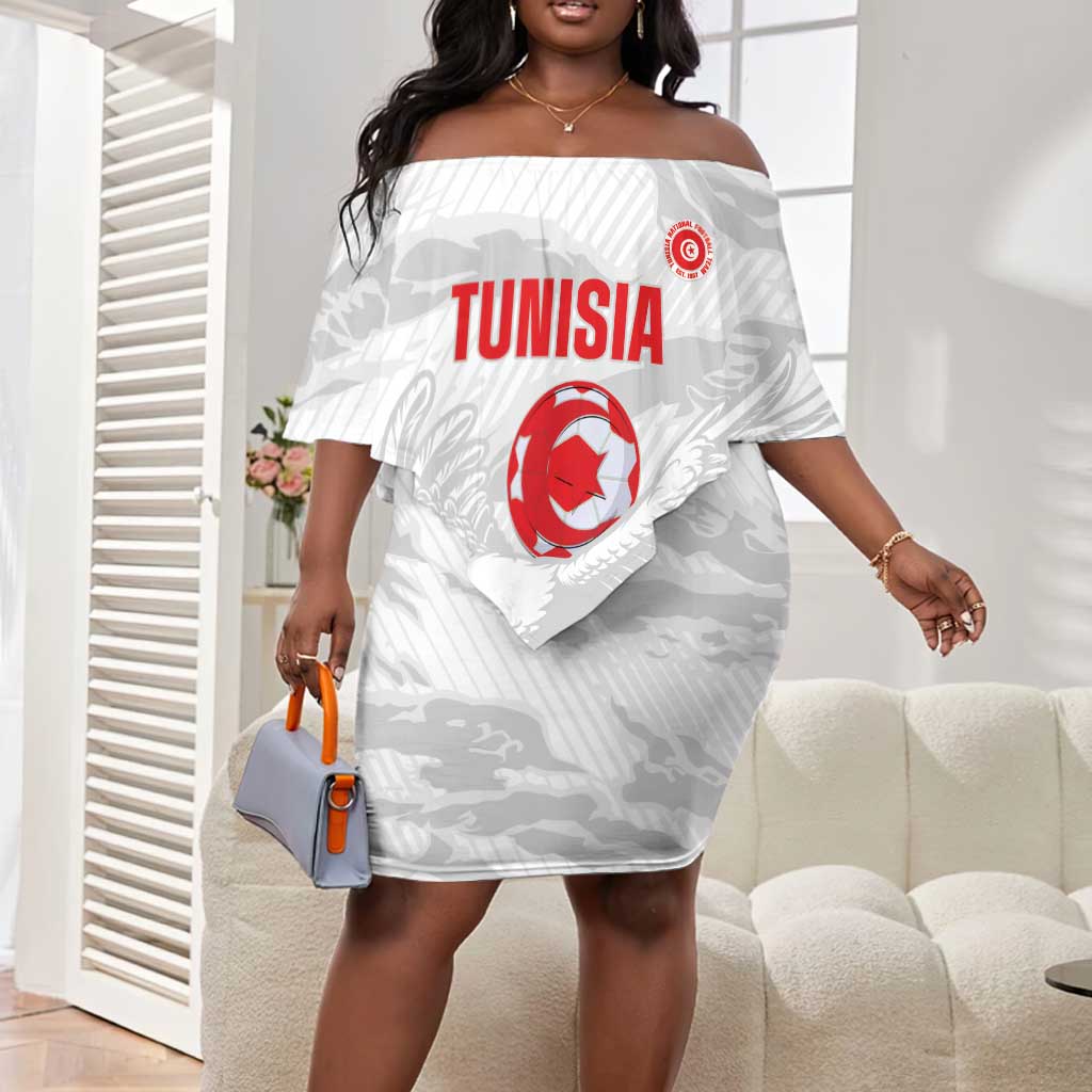 Custom Tunisia Football Off Shoulder Short Dress 2026 Eagles of Carthage White Grunge - African Pride