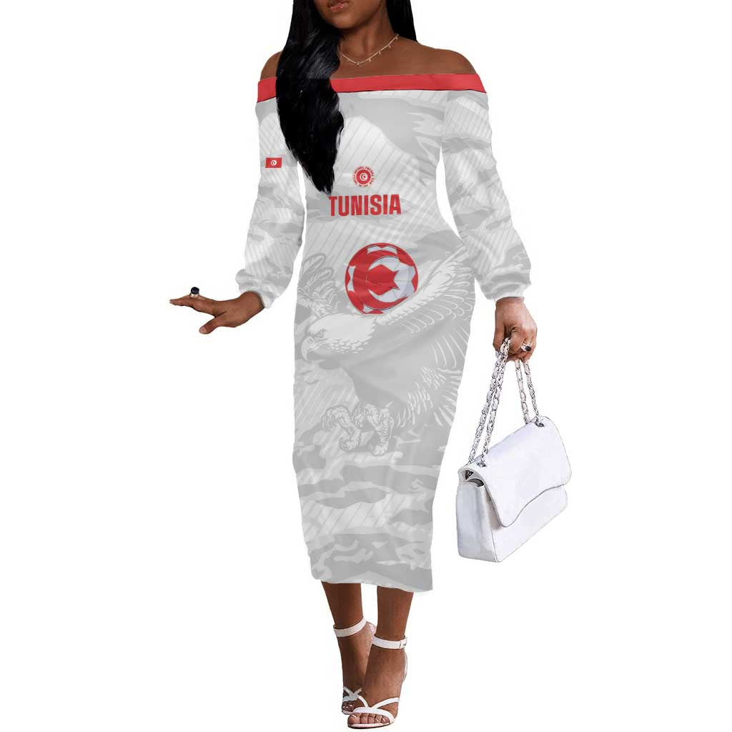 Custom Tunisia Football Off The Shoulder Long Sleeve Dress 2026 Eagles of Carthage White Grunge - African Pride