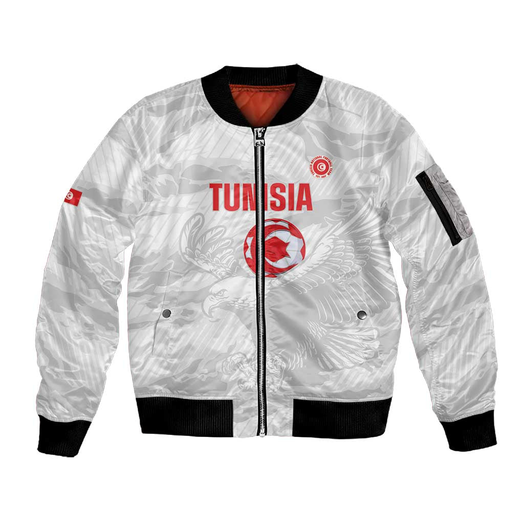 Custom Tunisia Football Sleeve Zip Bomber Jacket 2026 Eagles of Carthage White Grunge - African Pride