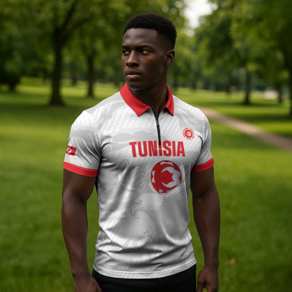 Custom Tunisia Football Zipper Polo Shirt 2026 Eagles of Carthage White Grunge - African Pride