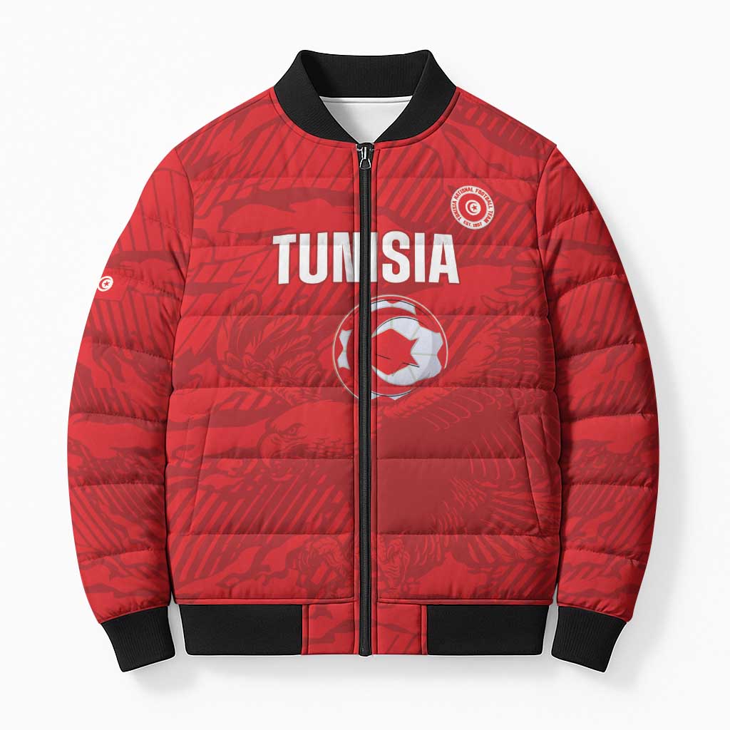 Custom Tunisia Football Bomber Puffer Jacket 2026 Eagles of Carthage Red Grunge - African Pride
