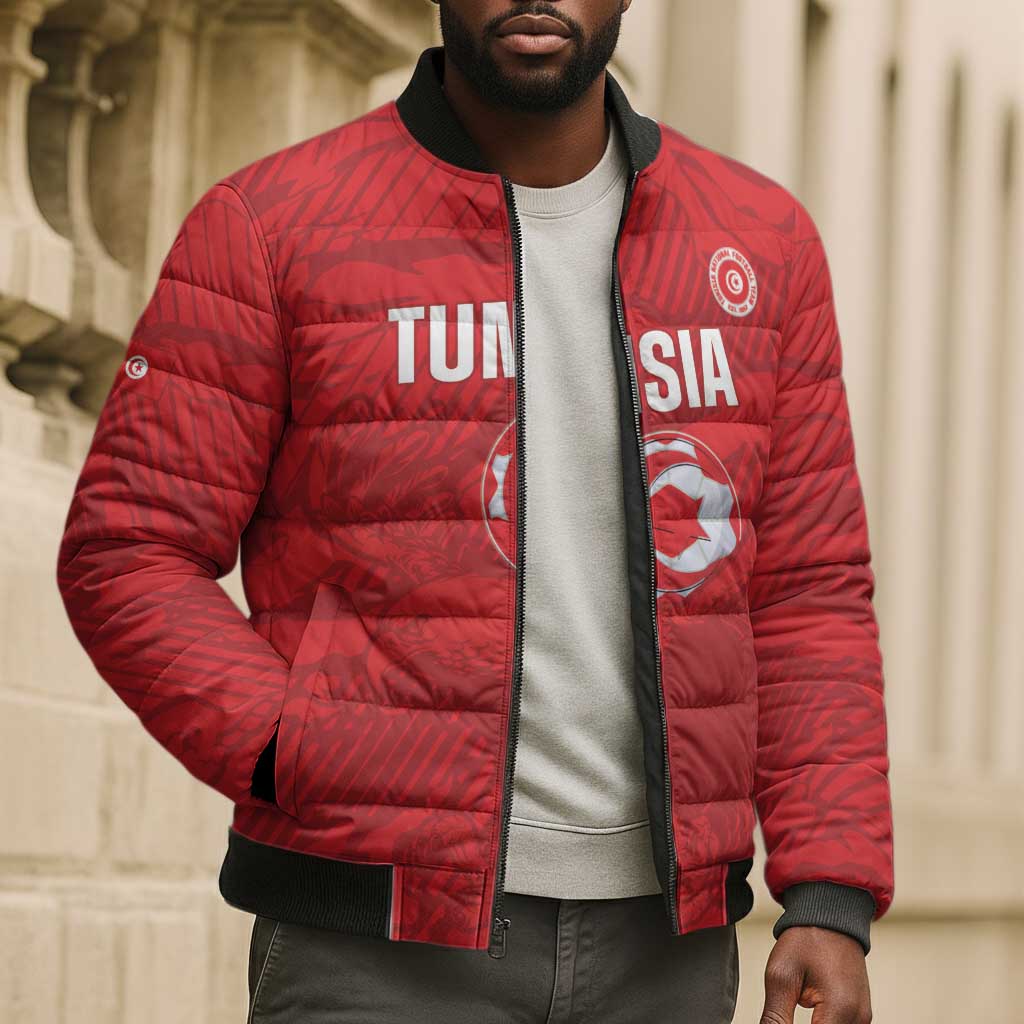Custom Tunisia Football Bomber Puffer Jacket 2026 Eagles of Carthage Red Grunge - African Pride