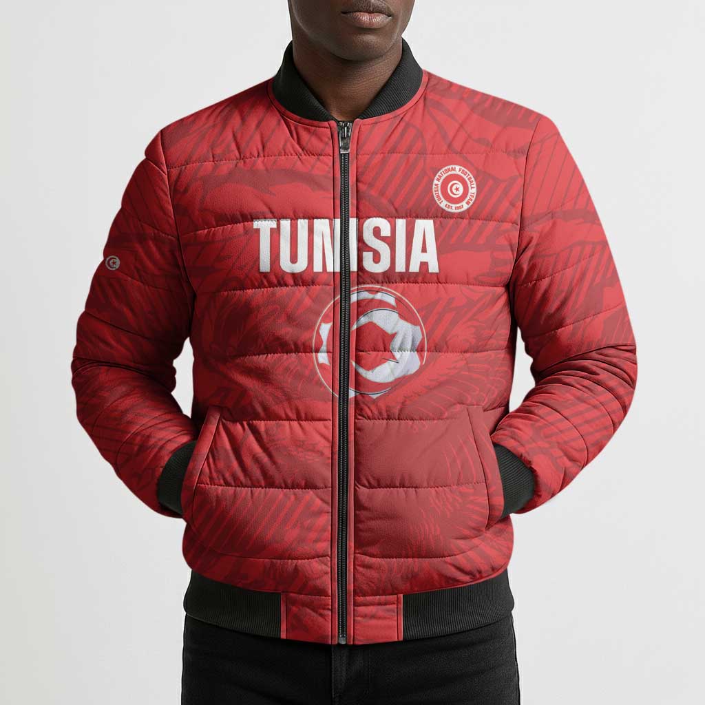 Custom Tunisia Football Bomber Puffer Jacket 2026 Eagles of Carthage Red Grunge - African Pride