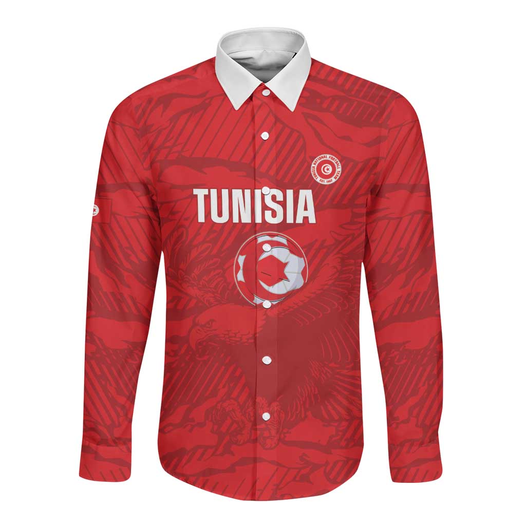 Custom Tunisia Football Long Sleeve Button Shirt 2026 Eagles of Carthage Red Grunge - African Pride