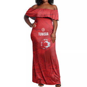 Custom Tunisia Football Off Shoulder Maxi Dress 2026 Eagles of Carthage Red Grunge - African Pride