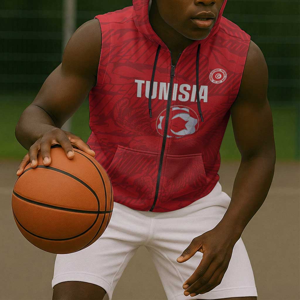 Custom Tunisia Football Sleeveless Zip Hoodie 2026 Eagles of Carthage Red Grunge - African Pride