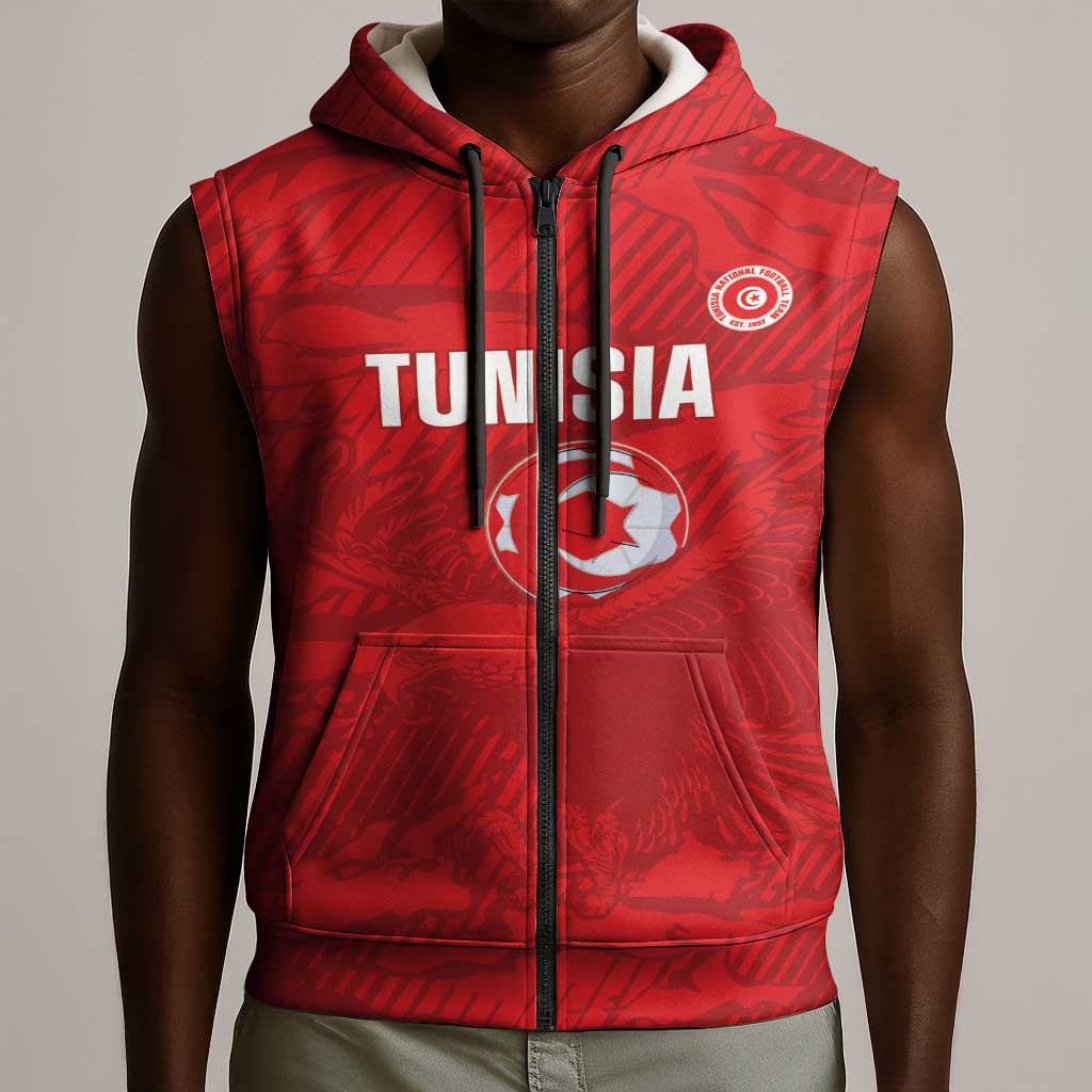 Custom Tunisia Football Sleeveless Zip Hoodie 2026 Eagles of Carthage Red Grunge - African Pride