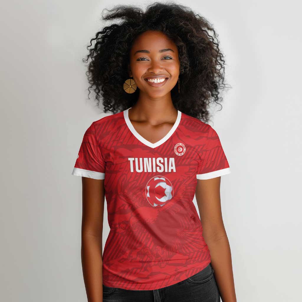 Custom Tunisia Football Women V-Neck T-Shirt 2026 Eagles of Carthage Red Grunge LT14
