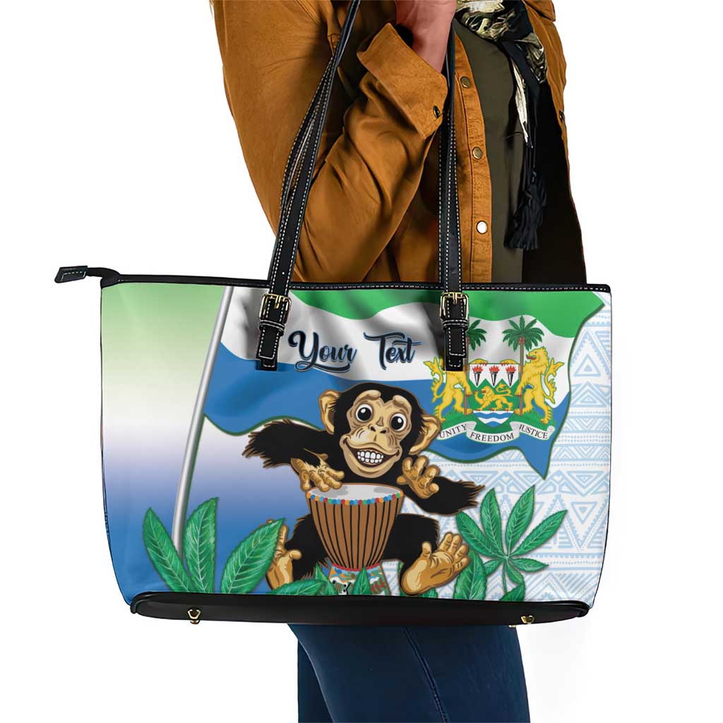 Personalised Afro Sierra Leone Leather Tote Bag Chimp With Drum - Happy Independence Day