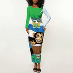 Personalised Afro Sierra Leone Long Sleeve Bodycon Dress Chimp With Drum - Happy Independence Day LT14