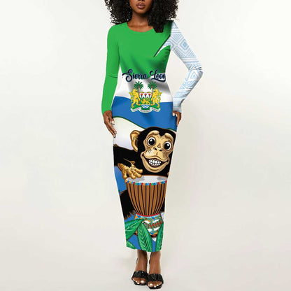 Personalised Afro Sierra Leone Long Sleeve Bodycon Dress Chimp With Drum - Happy Independence Day LT14