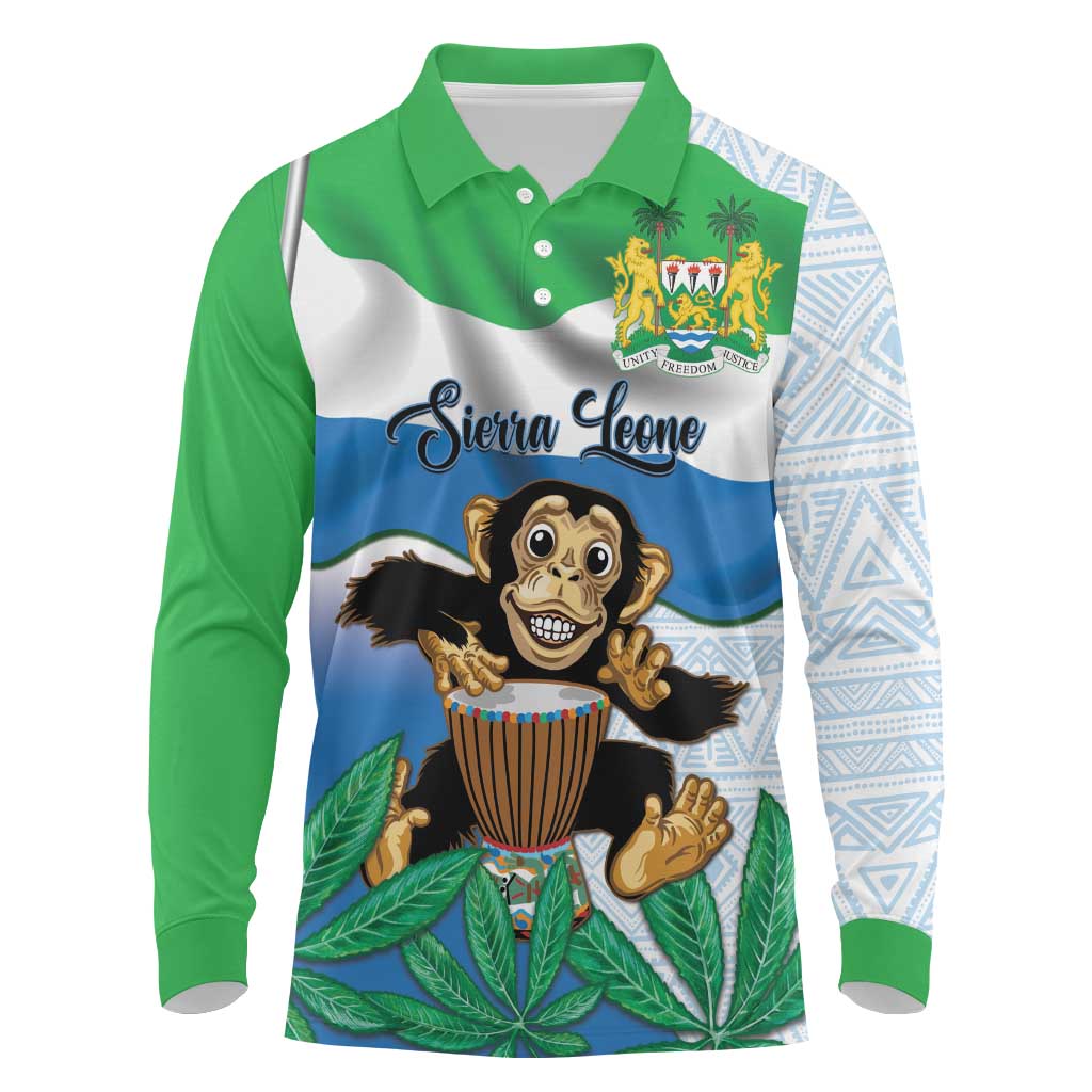 Personalised Afro Sierra Leone Long Sleeve Polo Shirt Chimp With Drum - Happy Independence Day
