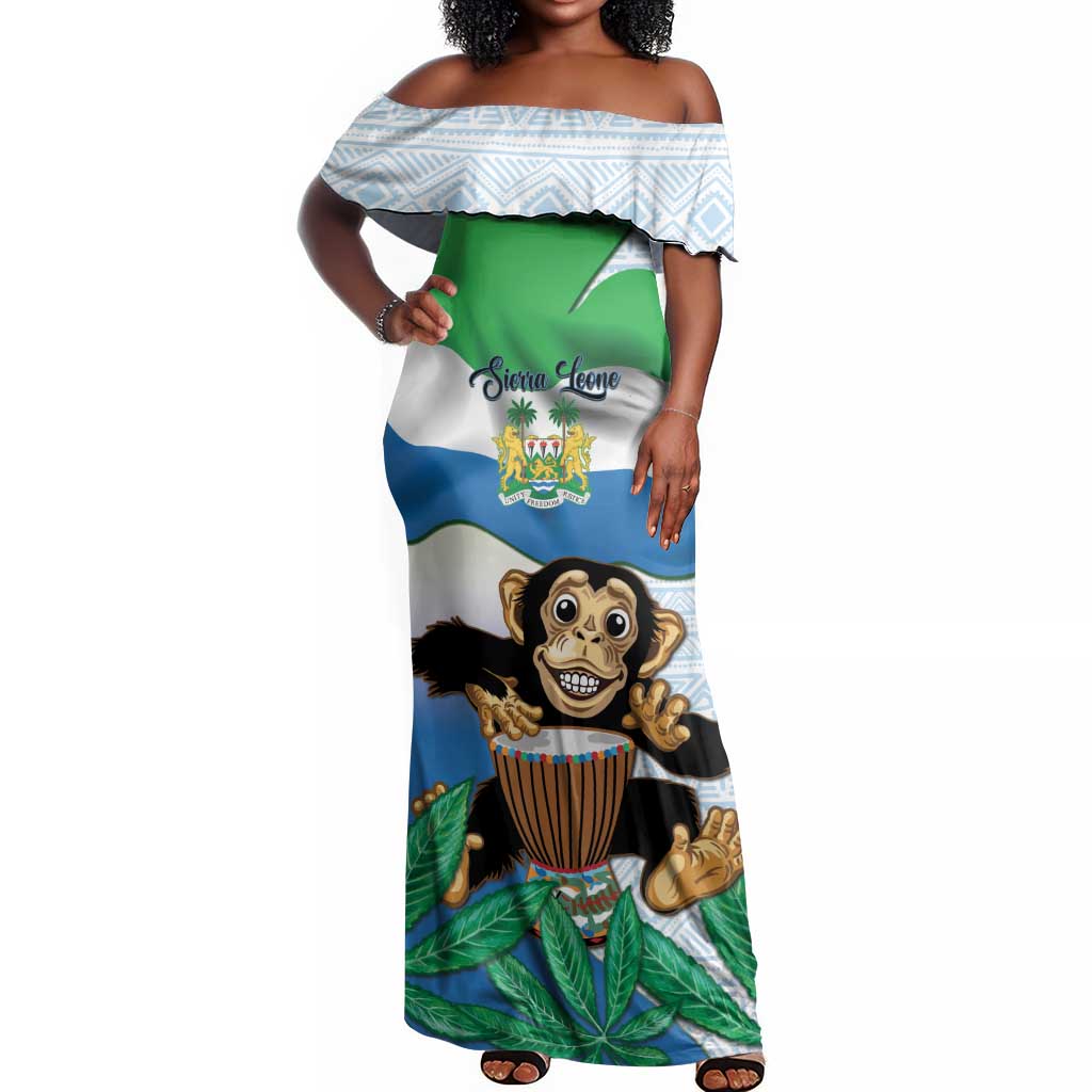Personalised Afro Sierra Leone Off Shoulder Maxi Dress Chimp With Drum - Happy Independence Day