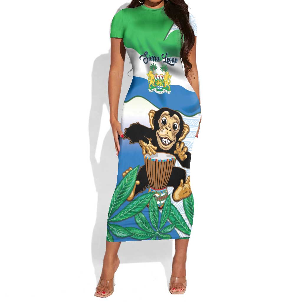 Personalised Afro Sierra Leone Short Sleeve Bodycon Dress Chimp With Drum - Happy Independence Day LT14