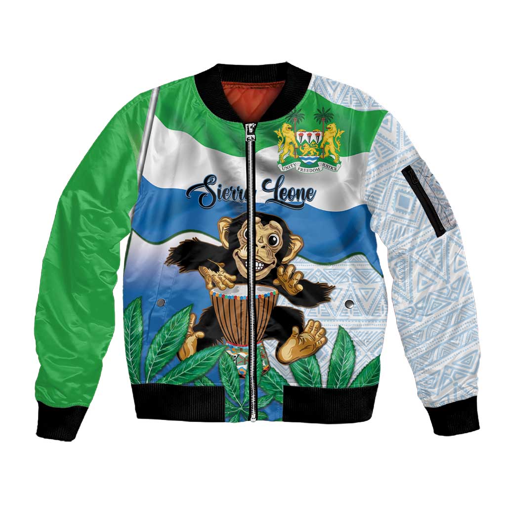 Personalised Afro Sierra Leone Sleeve Zip Bomber Jacket Chimp With Drum - Happy Independence Day