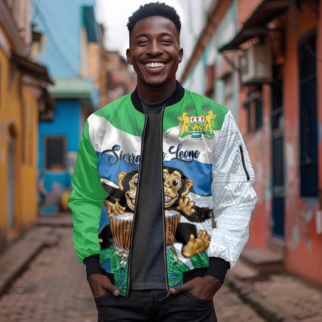 Personalised Afro Sierra Leone Sleeve Zip Bomber Jacket Chimp With Drum - Happy Independence Day