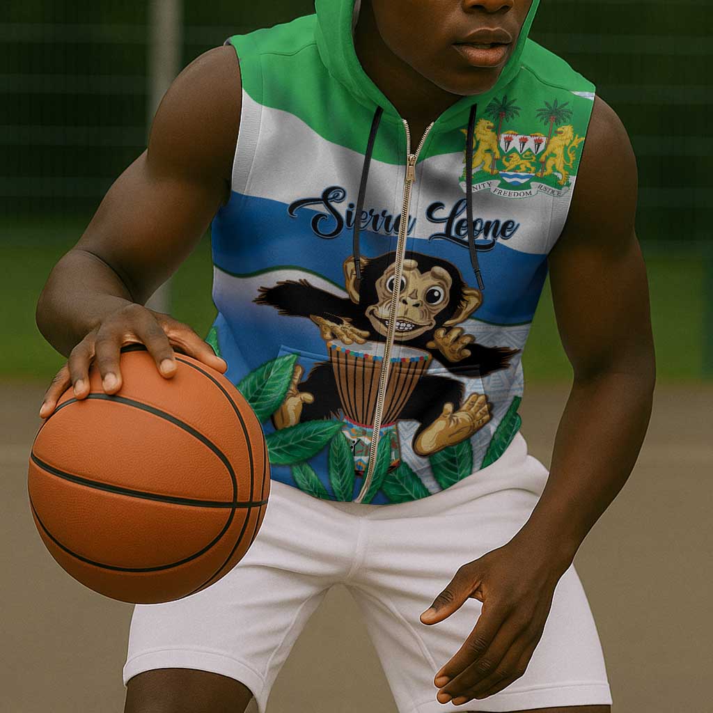 Personalised Afro Sierra Leone Sleeveless Zip Hoodie Chimp With Drum - Happy Independence Day - African Pride