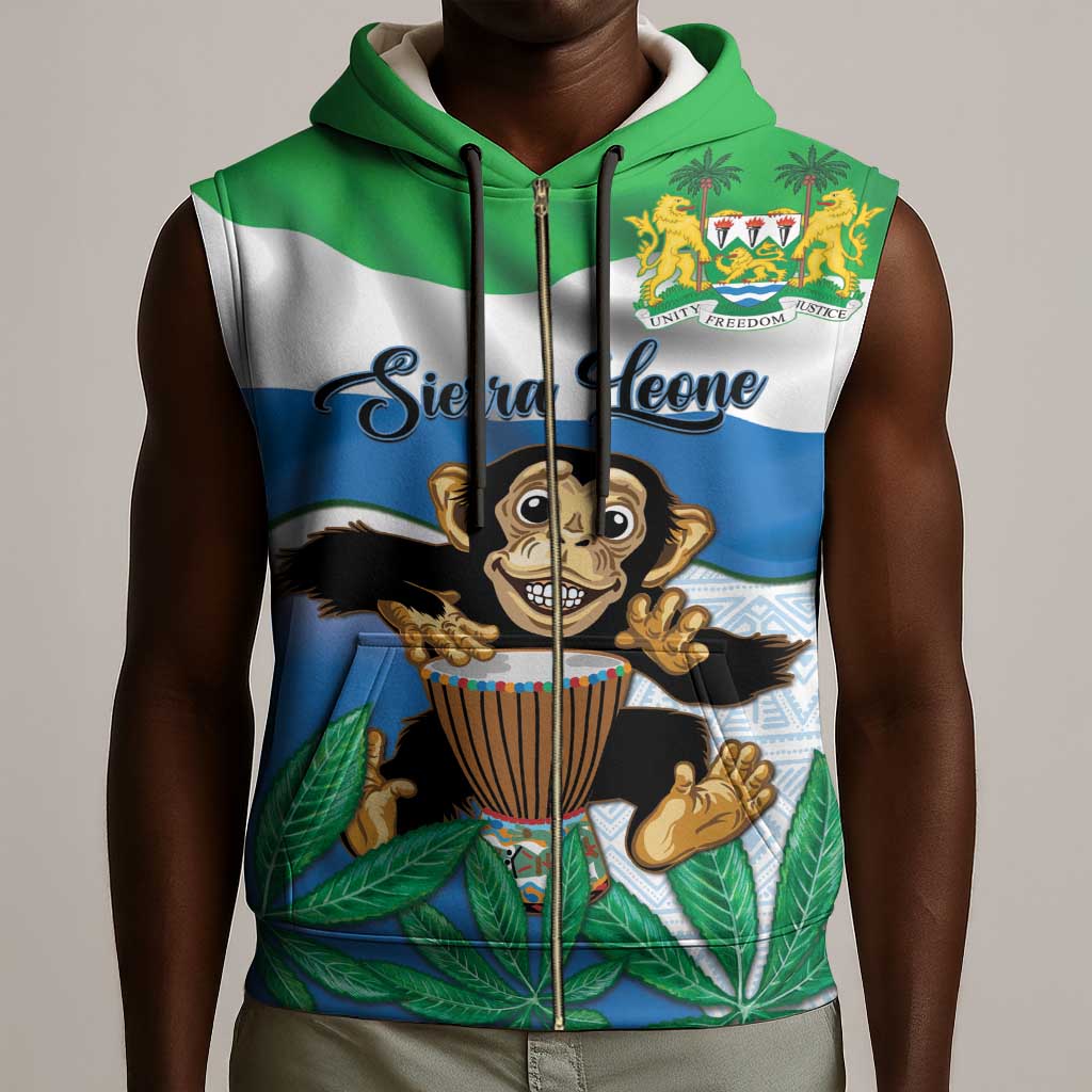 Personalised Afro Sierra Leone Sleeveless Zip Hoodie Chimp With Drum - Happy Independence Day - African Pride