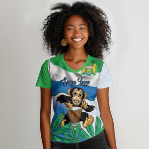 Personalised Afro Sierra Leone Women V-Neck T-Shirt Chimp With Drum - Happy Independence Day